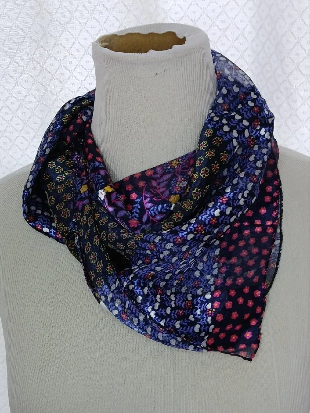 Sheer Floral Patchwork Scarf in Navy, Purple and Pink
